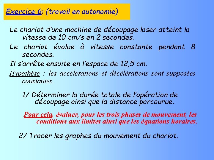 Exercice 6: (travail en autonomie) Le chariot d’une machine de découpage laser atteint la