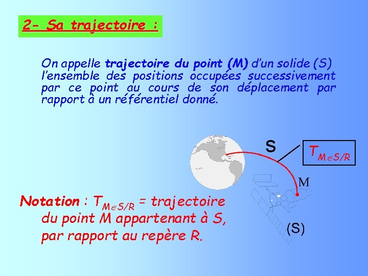 2 - Sa trajectoire : On appelle trajectoire du point (M) d’un solide (S)