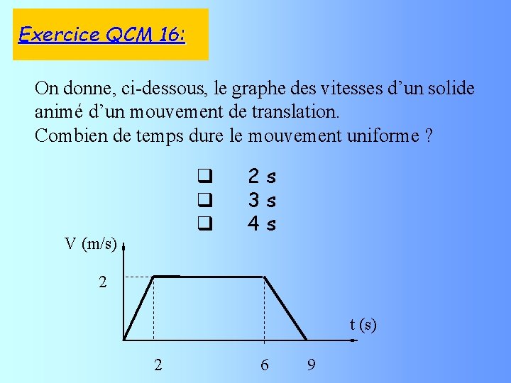 Exercice QCM 16: On donne, ci-dessous, le graphe des vitesses d’un solide animé d’un