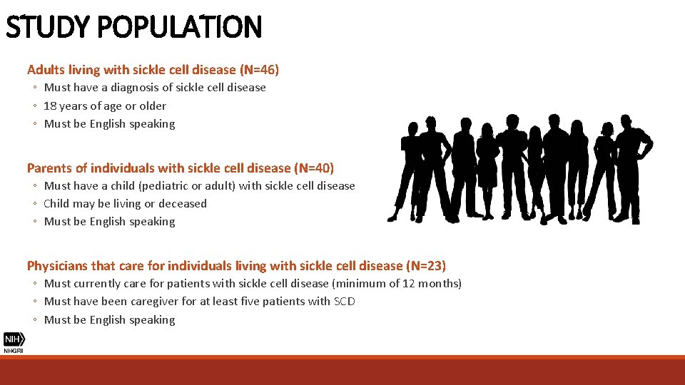 STUDY POPULATION Adults living with sickle cell disease (N=46) ◦ Must have a diagnosis
