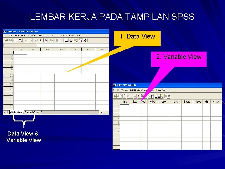 LEMBAR KERJA PADA TAMPILAN SPSS 1. Data View 2. Variable View Data View &