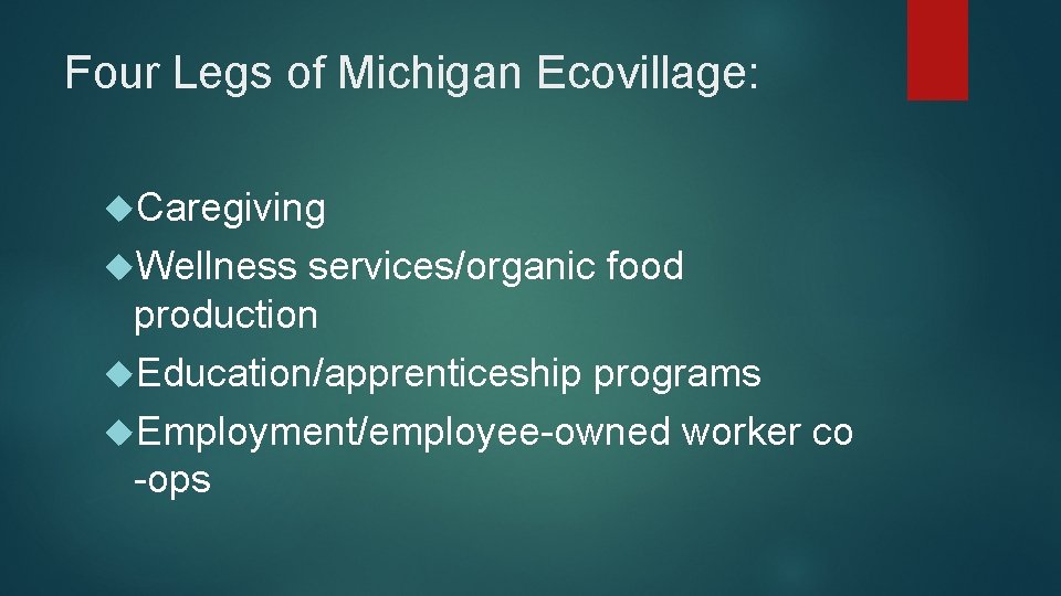 Four Legs of Michigan Ecovillage: Caregiving Wellness services/organic food production Education/apprenticeship programs Employment/employee-owned worker