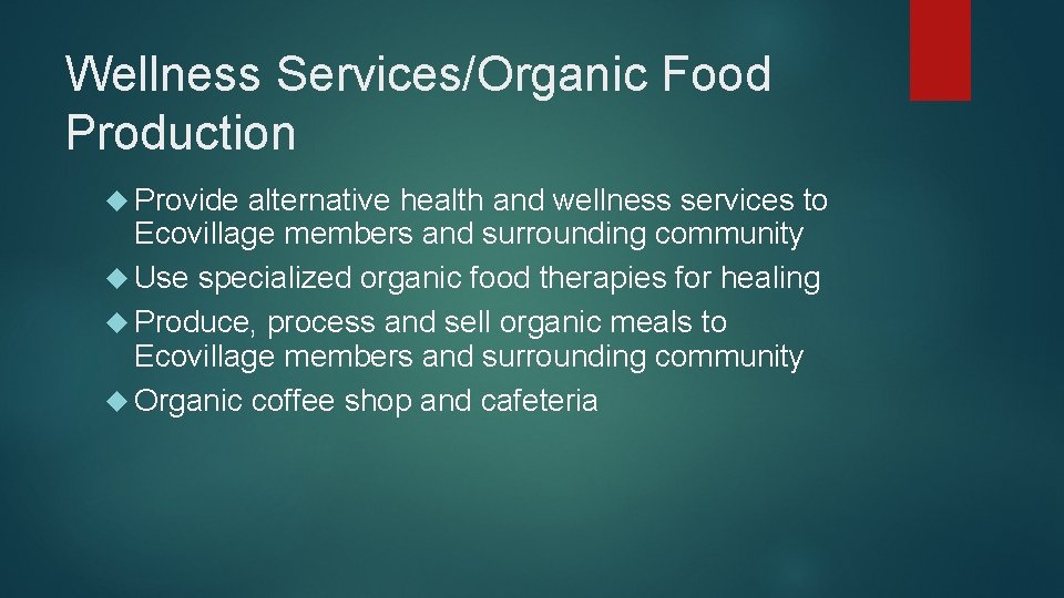 Wellness Services/Organic Food Production Provide alternative health and wellness services to Ecovillage members and