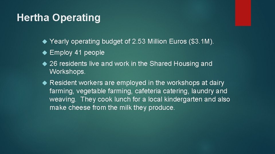 Hertha Operating Yearly operating budget of 2. 53 Million Euros ($3. 1 M). Employ