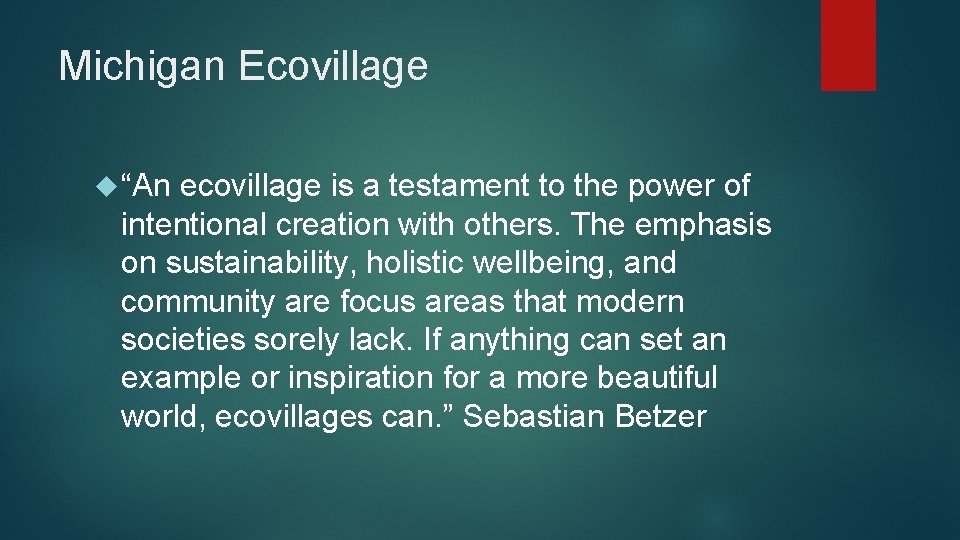 Michigan Ecovillage “An ecovillage is a testament to the power of intentional creation with