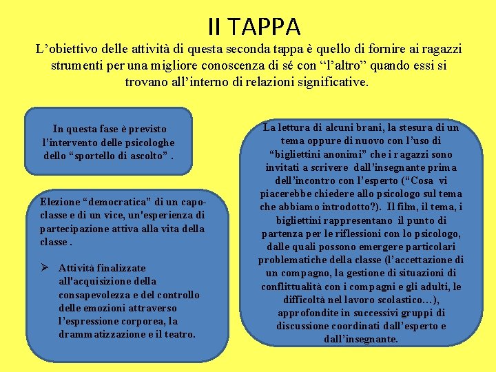 II TAPPA L’obiettivo delle attività di questa seconda tappa è quello di fornire ai