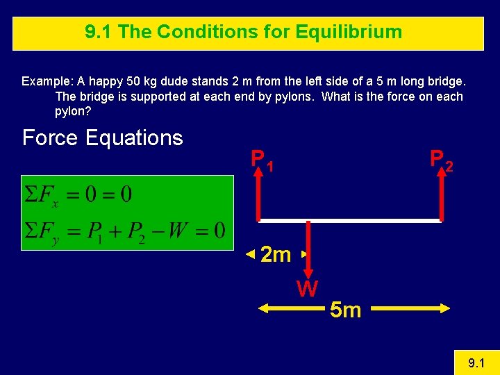 9. 1 The Conditions for Equilibrium Example: A happy 50 kg dude stands 2