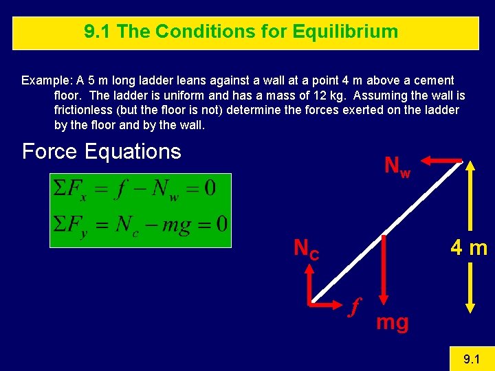 9. 1 The Conditions for Equilibrium Example: A 5 m long ladder leans against