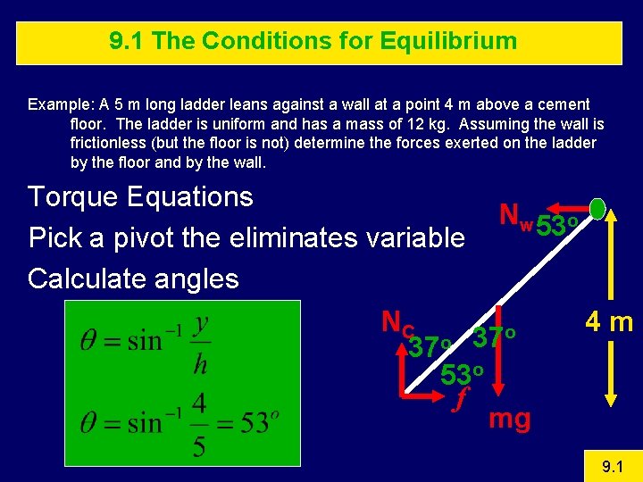 9. 1 The Conditions for Equilibrium Example: A 5 m long ladder leans against
