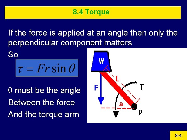 8. 4 Torque If the force is applied at an angle then only the