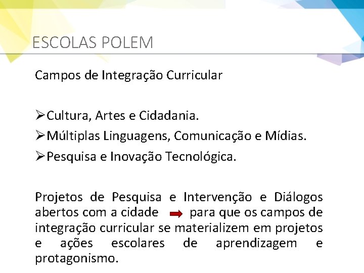 ESCOLAS POLEM Campos de Integração Curricular ØCultura, Artes e Cidadania. ØMúltiplas Linguagens, Comunicação e