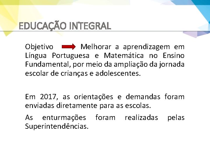 EDUCAÇÃO INTEGRAL Objetivo Melhorar a aprendizagem em Língua Portuguesa e Matemática no Ensino Fundamental,