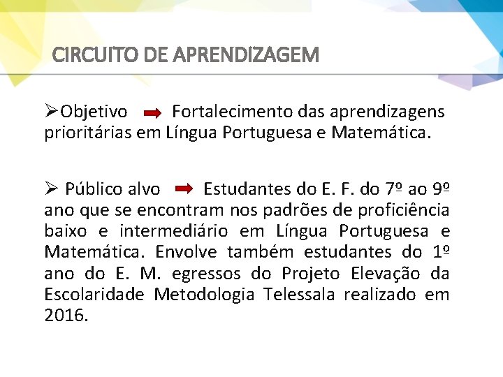 CIRCUITO DE APRENDIZAGEM ØObjetivo Fortalecimento das aprendizagens prioritárias em Língua Portuguesa e Matemática. Ø