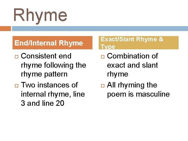 Rhyme End/Internal Rhyme Consistent end rhyme following the rhyme pattern Two instances of internal
