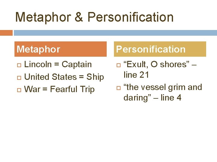 Metaphor & Personification Metaphor Lincoln = Captain United States = Ship War = Fearful