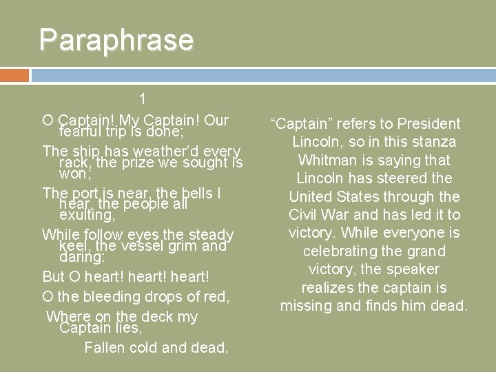 Paraphrase 1 O Captain! My Captain! Our fearful trip is done; The ship has