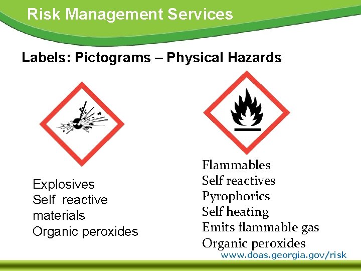 Risk Management Services Labels: Pictograms – Physical Hazards Explosives Self reactive materials Organic peroxides