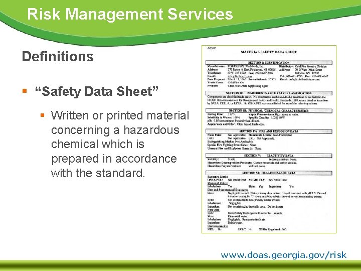 Risk Management Services Definitions § “Safety Data Sheet” § Written or printed material concerning