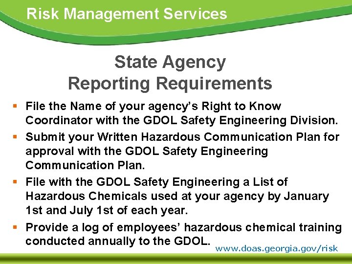 Risk Management Services State Agency Reporting Requirements § File the Name of your agency’s