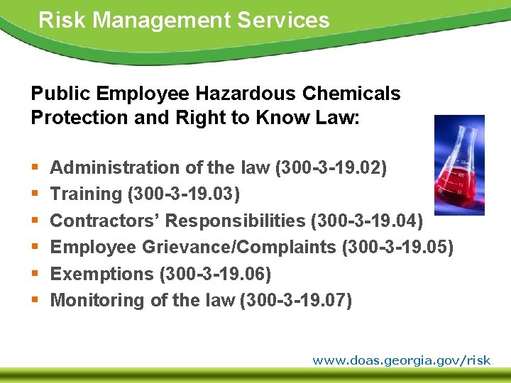 Risk Management Services Public Employee Hazardous Chemicals Protection and Right to Know Law: §