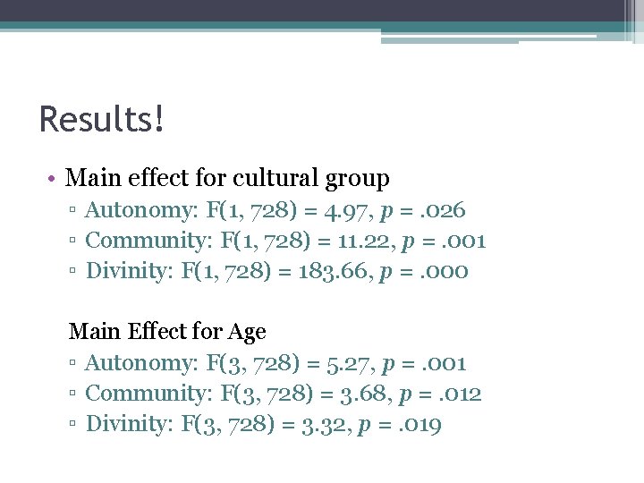Results! • Main effect for cultural group ▫ Autonomy: F(1, 728) = 4. 97,