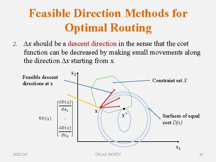 Feasible Direction Methods for Optimal Routing 2. ∆x should be a descent direction in