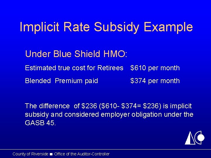 Implicit Rate Subsidy Example Under Blue Shield HMO: Estimated true cost for Retirees $610