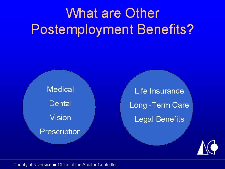 What are Other Postemployment Benefits? Medical Life Insurance Dental Long -Term Care Vision Legal