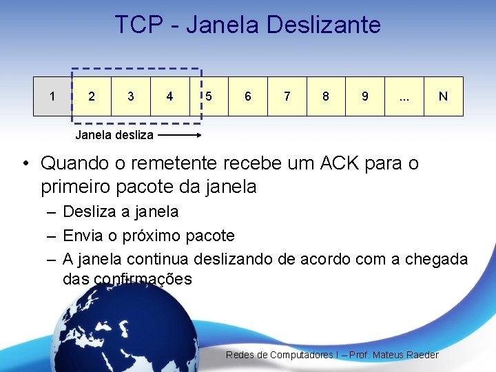 TCP - Janela Deslizante 1 2 3 4 5 6 7 8 9 . TCP - Janela Deslizante 1 2 3 4 5 6 7 8 9 .