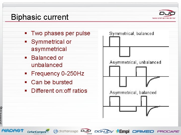 Biphasic current § Two phases per pulse § Symmetrical or asymmetrical § Balanced or