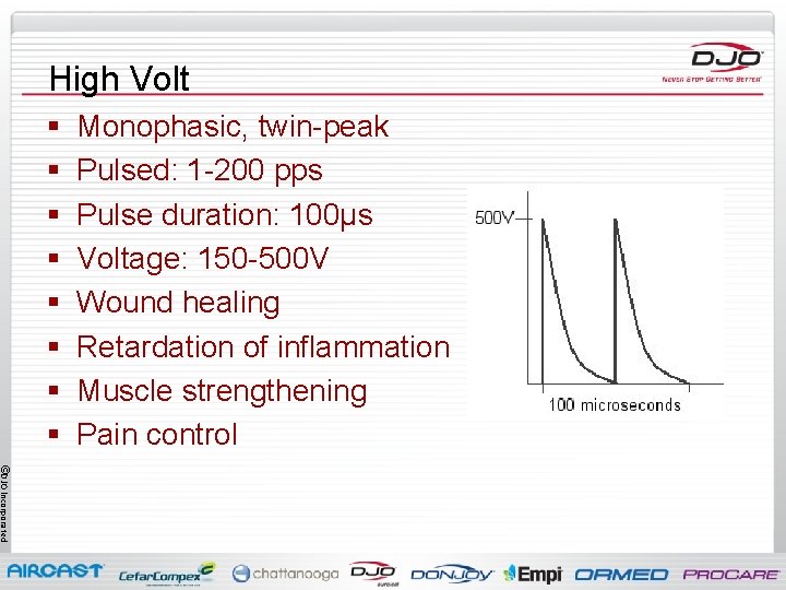 High Volt § § § § Monophasic, twin-peak Pulsed: 1 -200 pps Pulse duration: