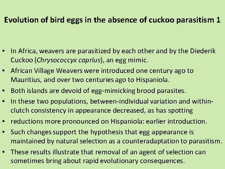 Evolution of bird eggs in the absence of cuckoo parasitism 1 • In Africa,