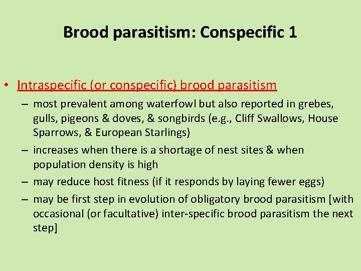 Brood parasitism: Conspecific 1 • Intraspecific (or conspecific) brood parasitism – most prevalent among