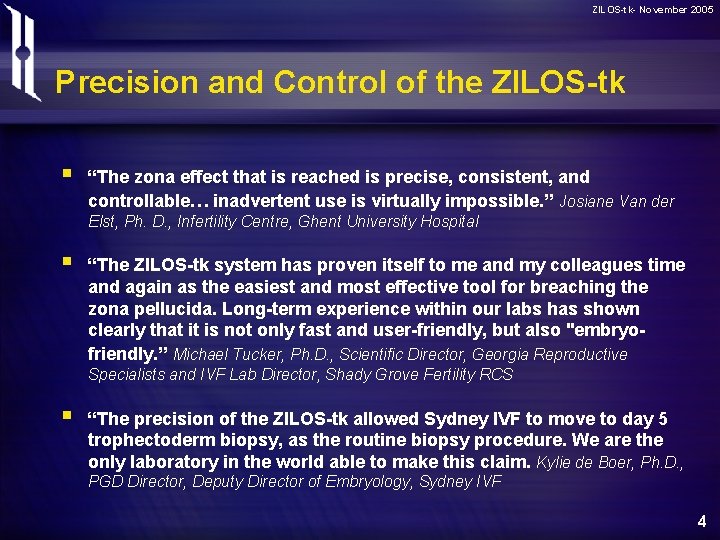 ZILOS-tk- November 2005 Precision and Control of the ZILOS-tk § “The zona effect that