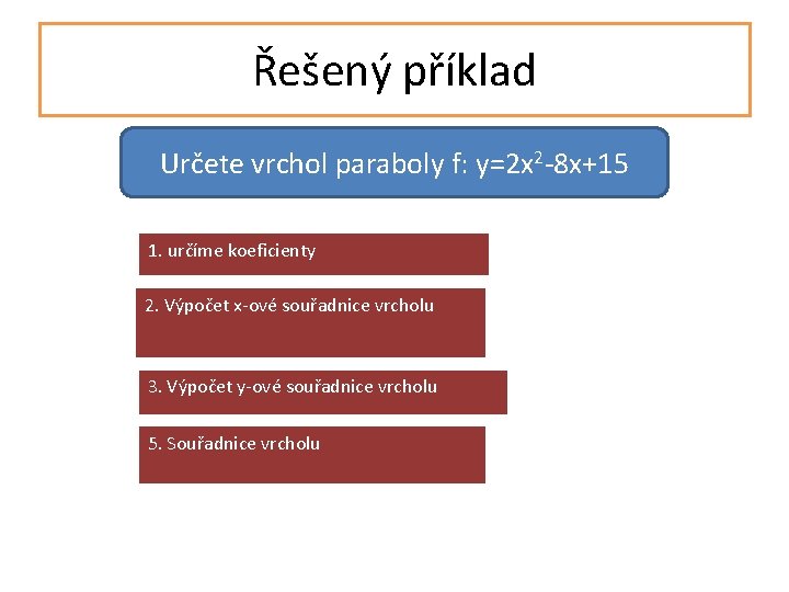 Řešený příklad Určete vrchol paraboly f: y=2 x 2 -8 x+15 1. určíme koeficienty