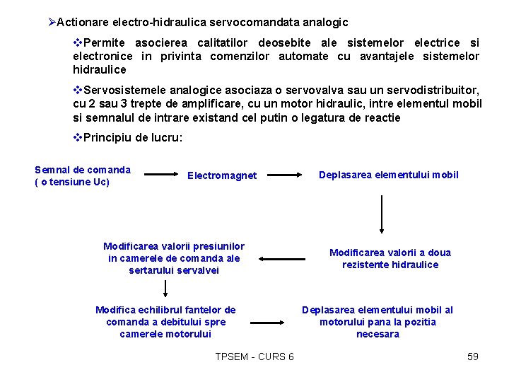 ØActionare electro-hidraulica servocomandata analogic v. Permite asocierea calitatilor deosebite ale sistemelor electrice si electronice