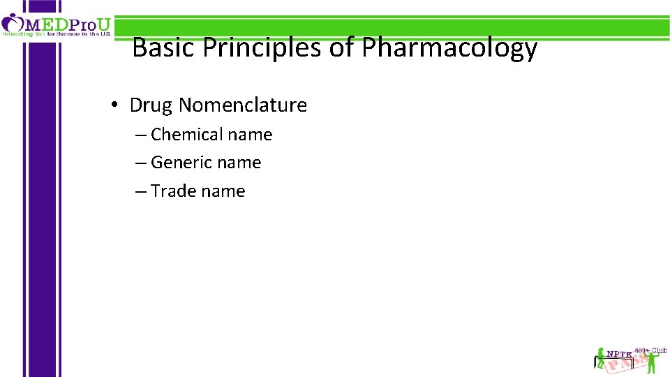 Basic Principles of Pharmacology • Drug Nomenclature – Chemical name – Generic name –