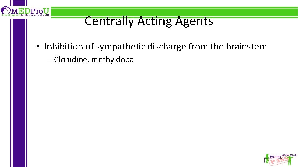 Centrally Acting Agents • Inhibition of sympathetic discharge from the brainstem – Clonidine, methyldopa