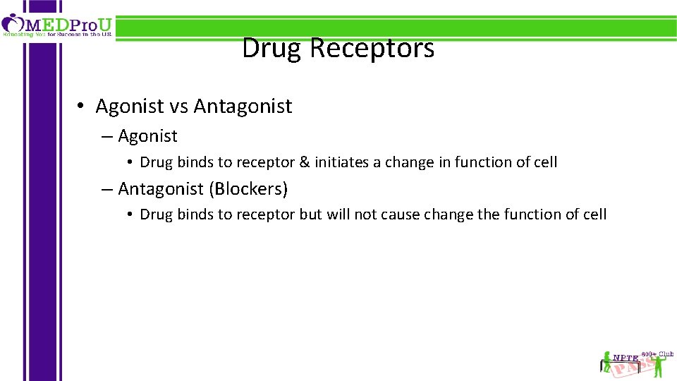 Drug Receptors • Agonist vs Antagonist – Agonist • Drug binds to receptor &