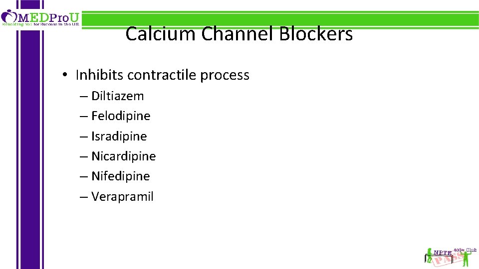 Calcium Channel Blockers • Inhibits contractile process – Diltiazem – Felodipine – Isradipine –