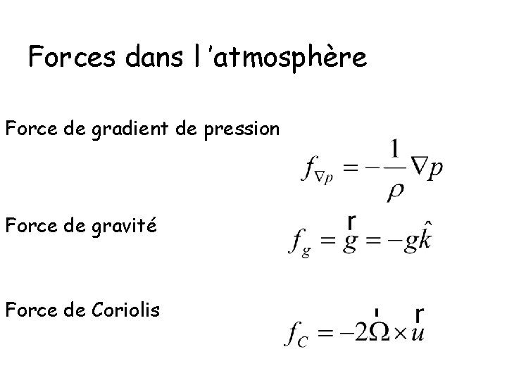 Forces dans l ’atmosphère Force de gradient de pression Force de gravité Force de