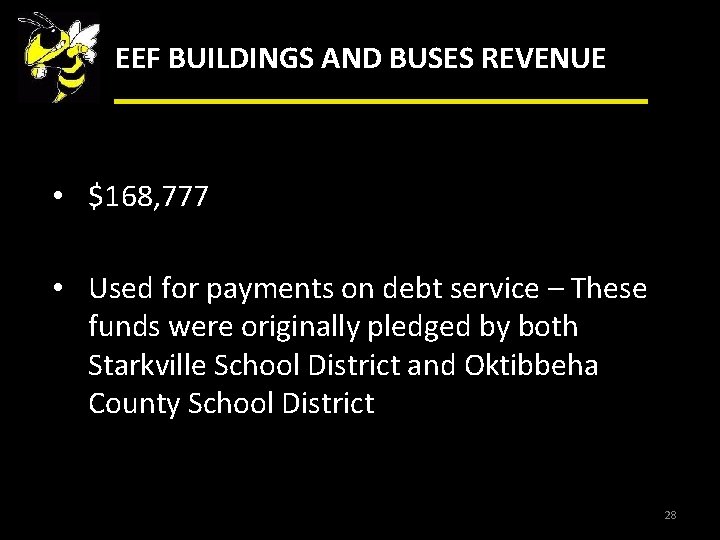 EEF BUILDINGS AND BUSES REVENUE • $168, 777 • Used for payments on debt