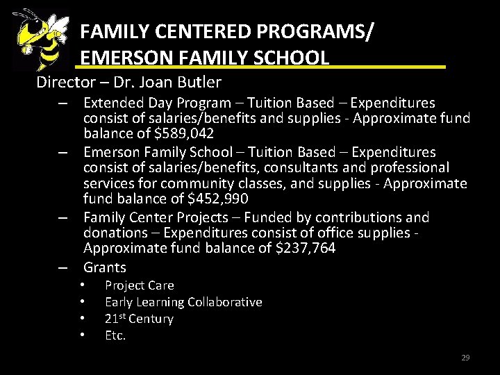 FAMILY CENTERED PROGRAMS/ EMERSON FAMILY SCHOOL Director – Dr. Joan Butler – Extended Day