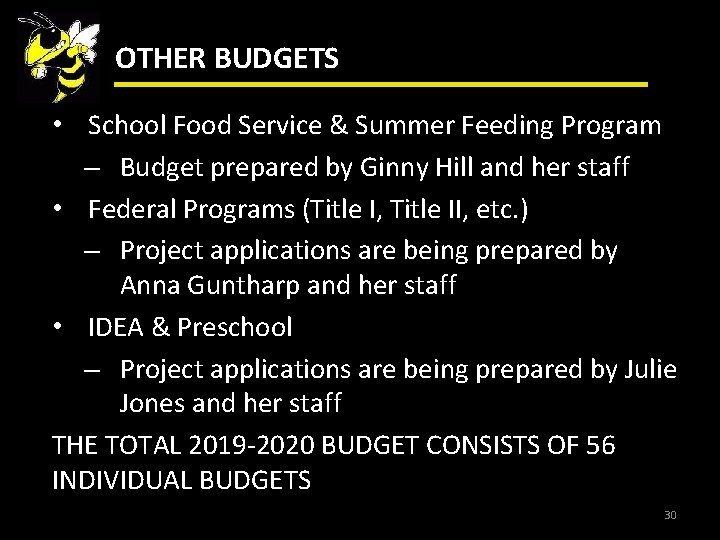 OTHER BUDGETS • School Food Service & Summer Feeding Program – Budget prepared by