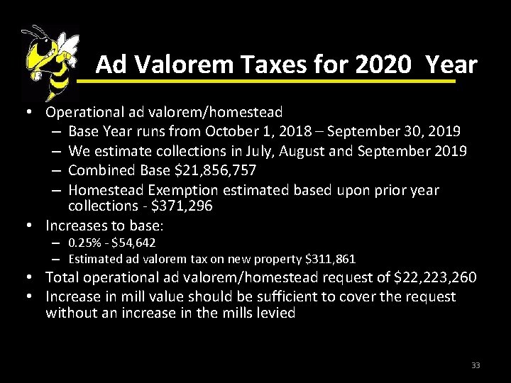 Ad Valorem Taxes for 2020 Year • Operational ad valorem/homestead – Base Year runs