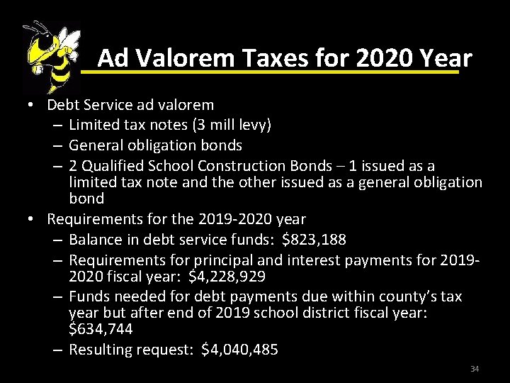 Ad Valorem Taxes for 2020 Year • Debt Service ad valorem – Limited tax