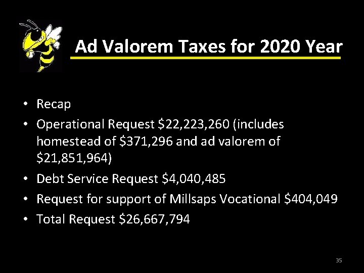 r. Ad Valorem Taxes for 2020 Year • Recap • Operational Request $22, 223,