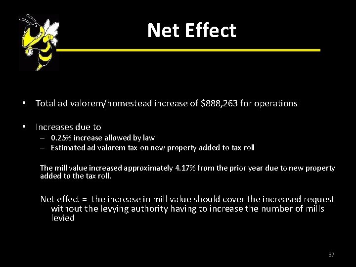 Net Effect • Total ad valorem/homestead increase of $888, 263 for operations • Increases