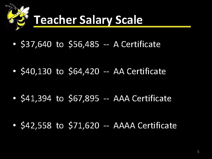 Teacher Salary Scale • $37, 640 to $56, 485 -- A Certificate • $40,