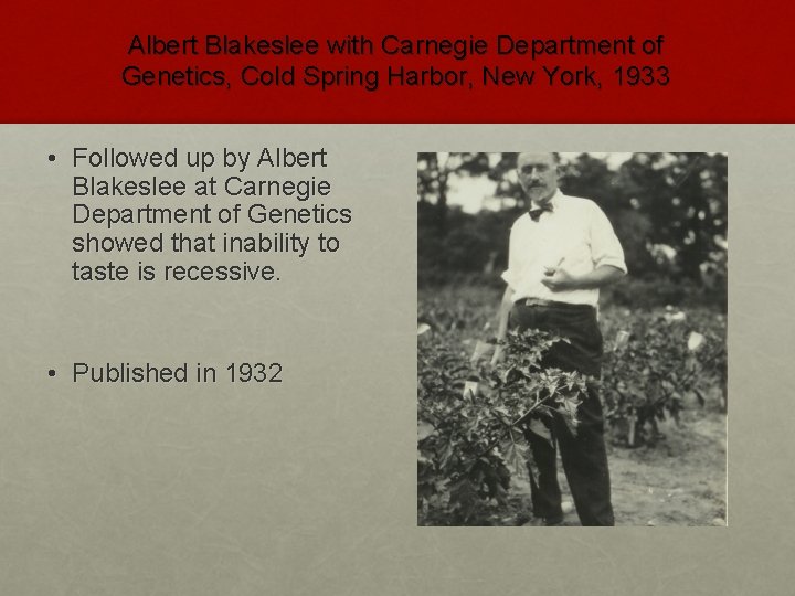 Albert Blakeslee with Carnegie Department of Genetics, Cold Spring Harbor, New York, 1933 •